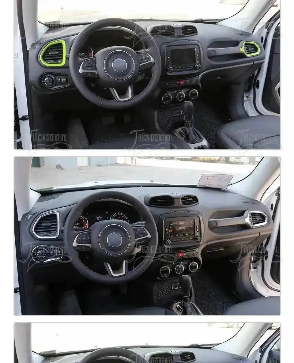 Interior view of a Jeep Renegade dashboard showing air vent covers and steering wheel.