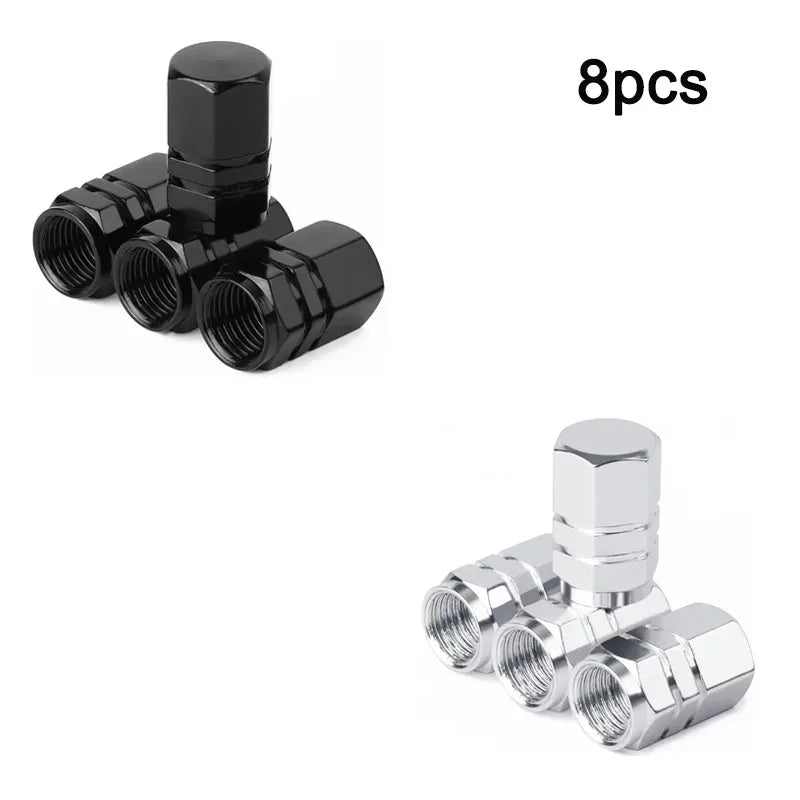Eight black aluminum valve caps for wheels and tires