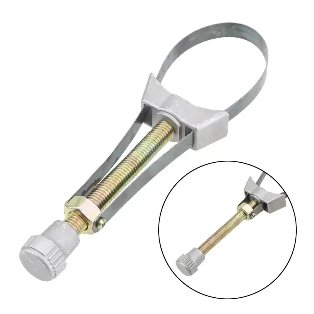A metal adjustable auto oil filter removal tool set with a long shaft and a clamp mechanism.