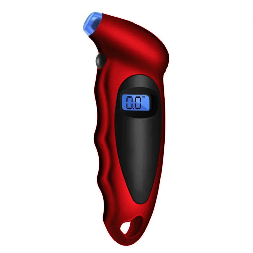 A red digital tire pressure gauge with a blue tip and black body.