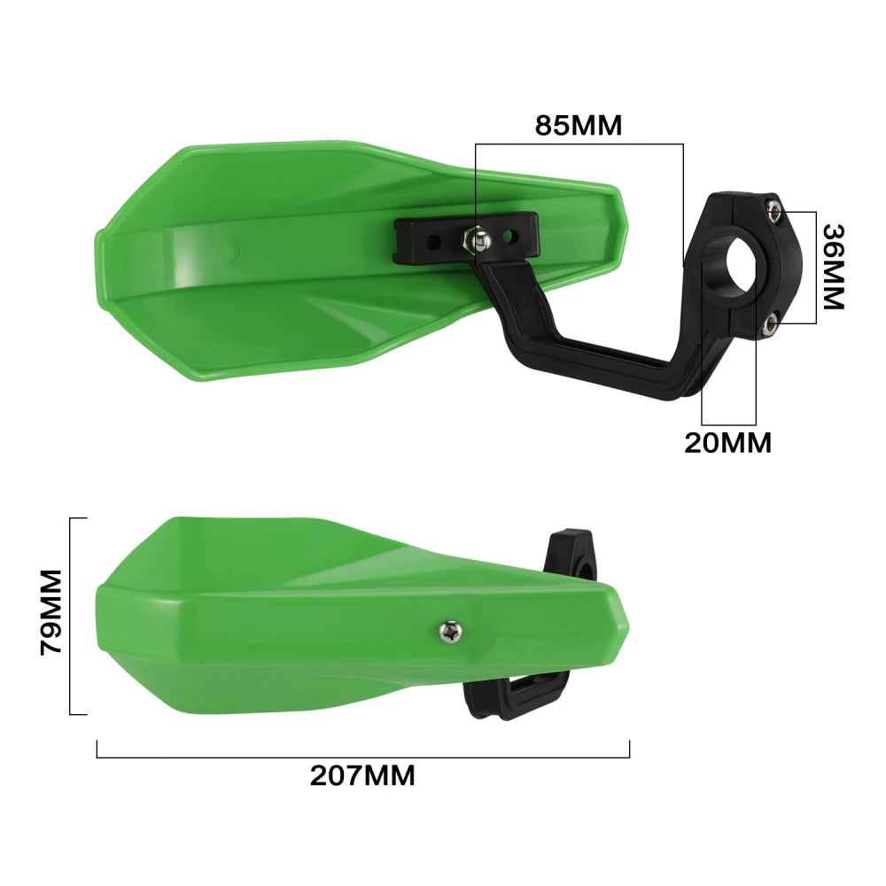 Kit de protection de guidon universel vert pour moto, différentes dimensions montrées.