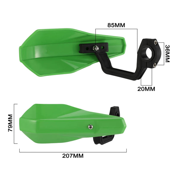 A green universal motorcycle handlebar protection kit with various dimensions shown.