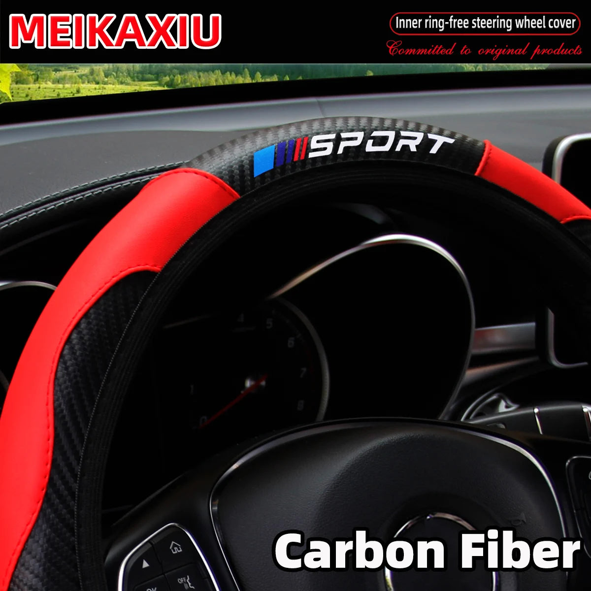 Black steering wheel with a red and blue Sport cover made of carbon fiber.