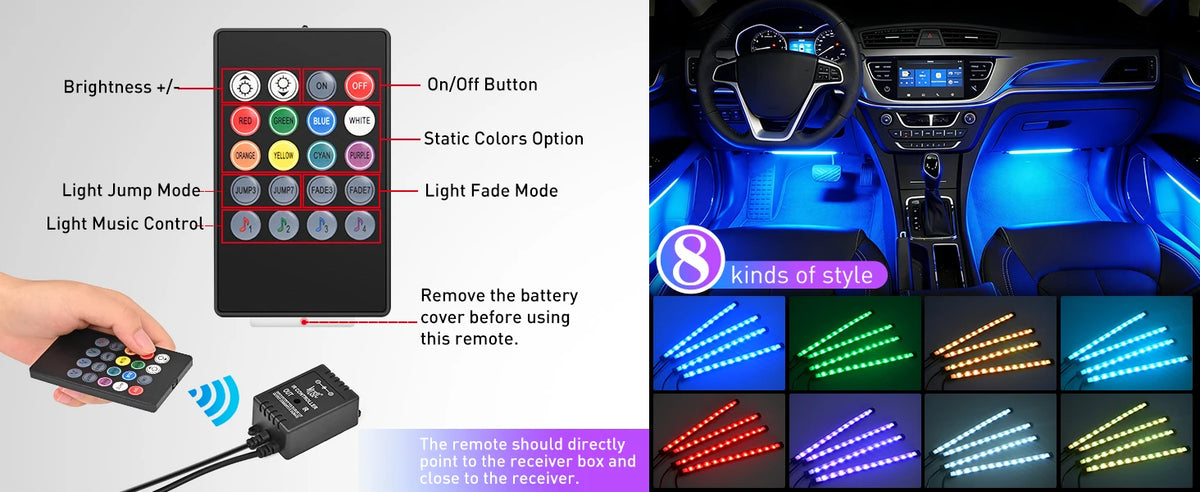 Télécommande pour éclairage de voiture sans fil multicolore avec son, montrant les différents modes et commandes.