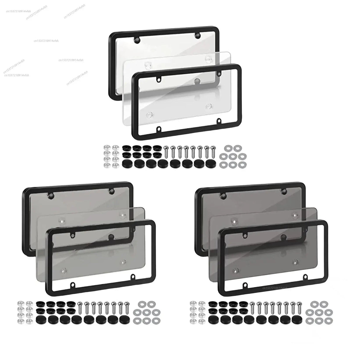A set of license plate protectors for US and Canada vehicles, shown in various sizes and with mounting hardware.