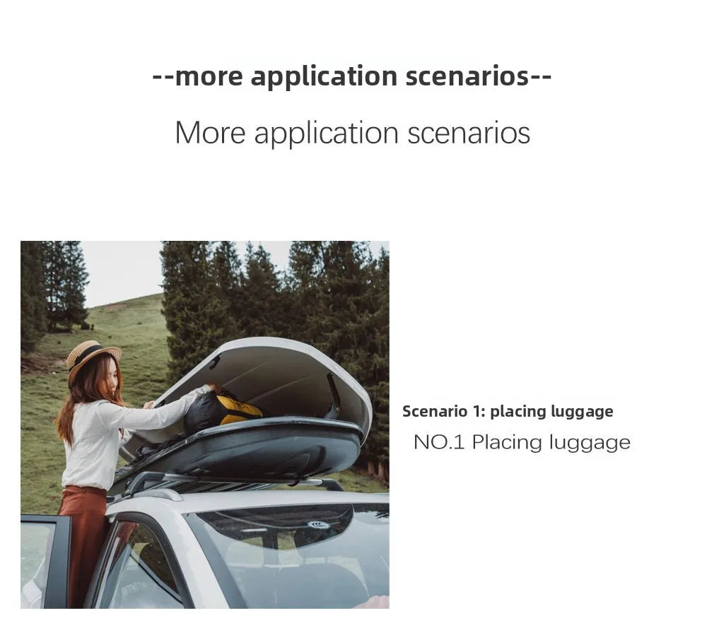 A woman is opening the roof of a white vehicle to place luggage on the roof.