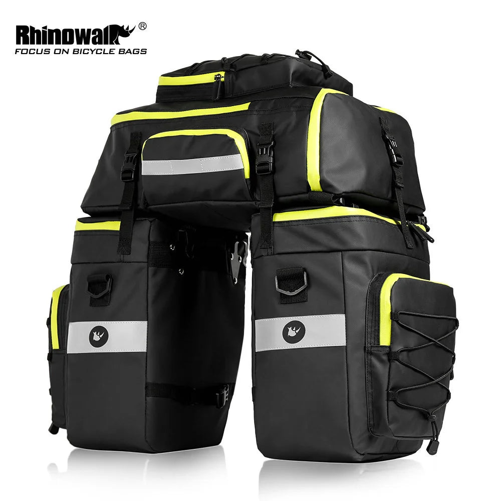 Black and yellow 3-in-1 mountain bike trunk bag set with multiple compartments