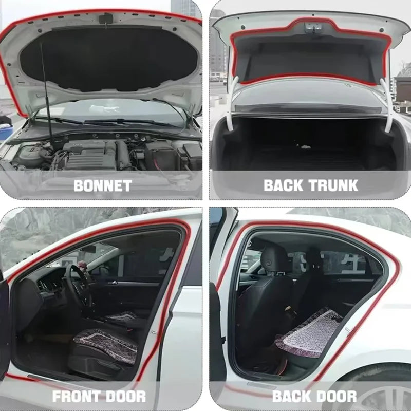 Images showing the bonnet, back trunk, front door, and back door of a car with soundproofing seals.
