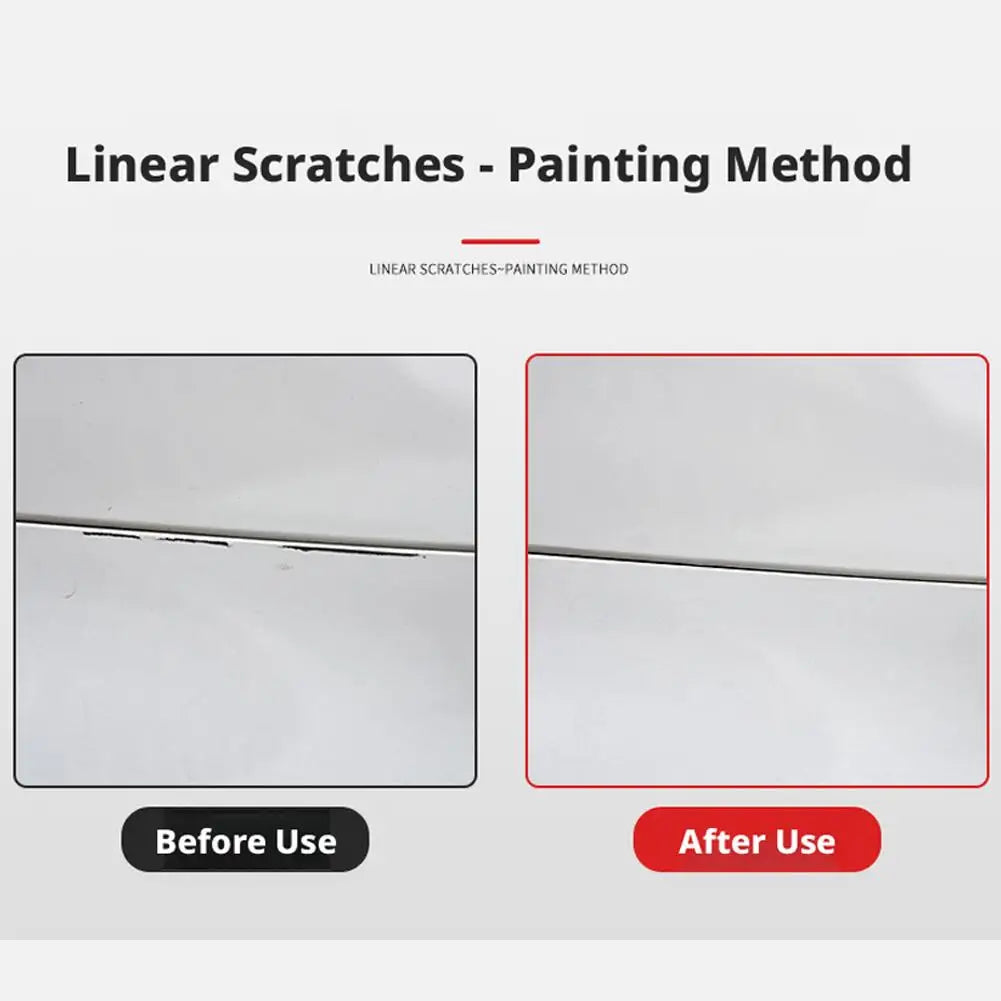 Before and after comparison of linear scratches repaired using a painting method on a car surface.