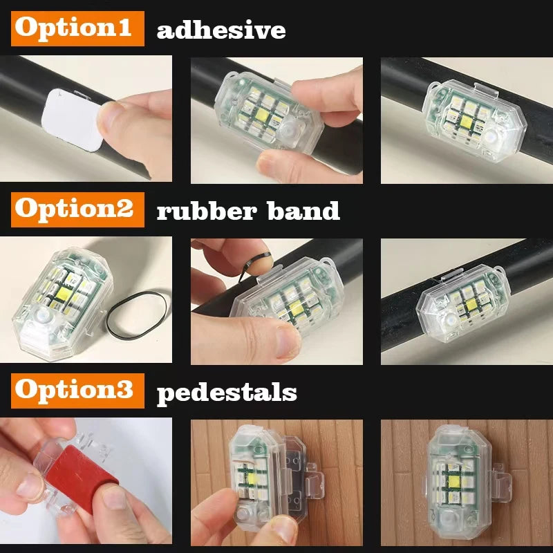 Three options for wireless strobe warning lights: adhesive, rubber band, and pedestals.