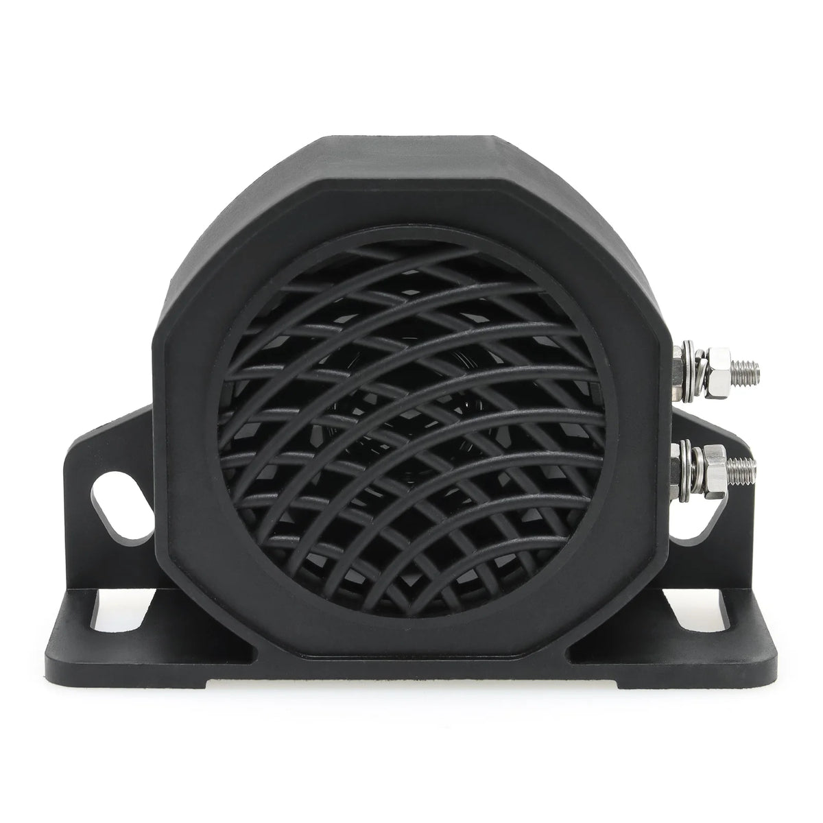 Black high-decibel reversing alarm horn with a grille and mounting brackets