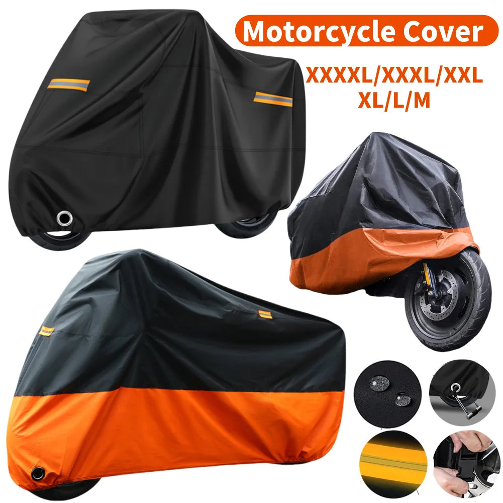 Schwarze und orange Motorradabdeckung für universellen Schutz, gezeigt aus verschiedenen Winkeln.