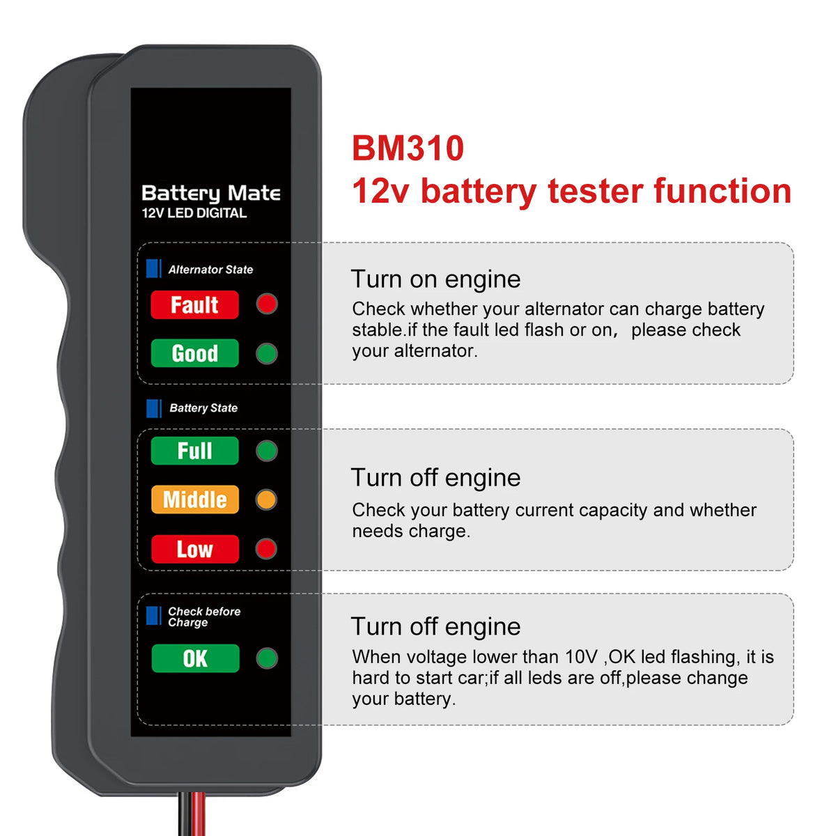 A black digital battery tester with an LED display showing various battery and alternator states like Fault, Good, Full, Midd
