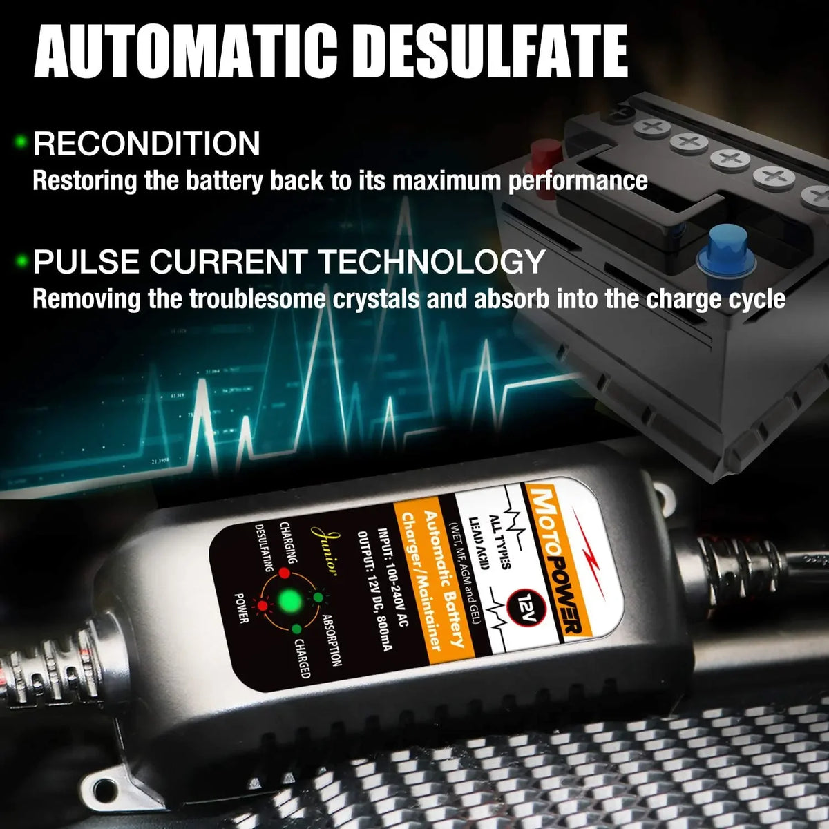 Ein schwarzes automatisiertes Entsäurezellentladunggerät neben einer Motorradbatterie.