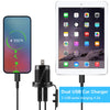Doppel-USB-Auto-Ladegerät mit Smartphone und Tablet, die die Akkuleistung anzeigen