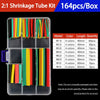 A box of 2:1 shrinkage tubing kit containing various colored heat shrink tubes in different lengths and quantities.