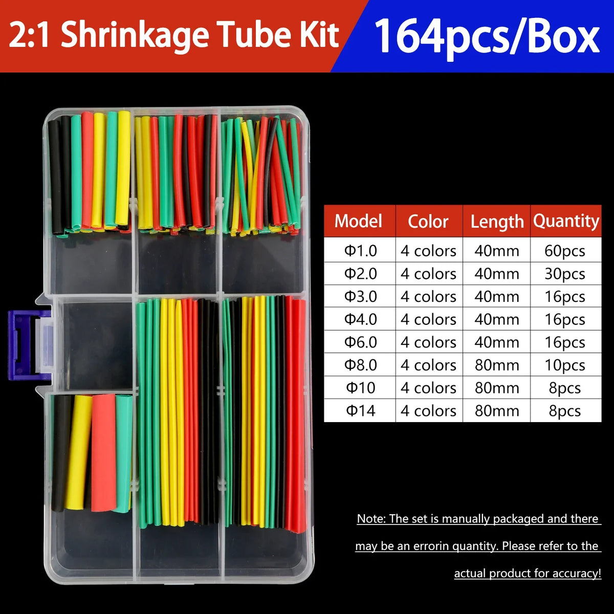 A box of 2:1 shrinkage tubing kit containing various colored heat shrink tubes in different lengths and quantities.