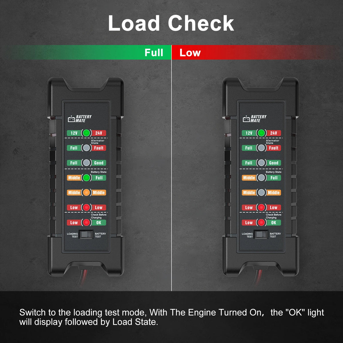 A digital load check display showing battery status with Full, Middle, and Low levels for a car battery tester.
