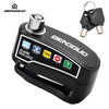 A black heavy-duty disc brake lock for motorcycles and scooters with a silver key and alarm features.
