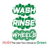 Green vinyl decal stickers for car detailing buckets with WASH, RINSE, and WHEEL'S text.