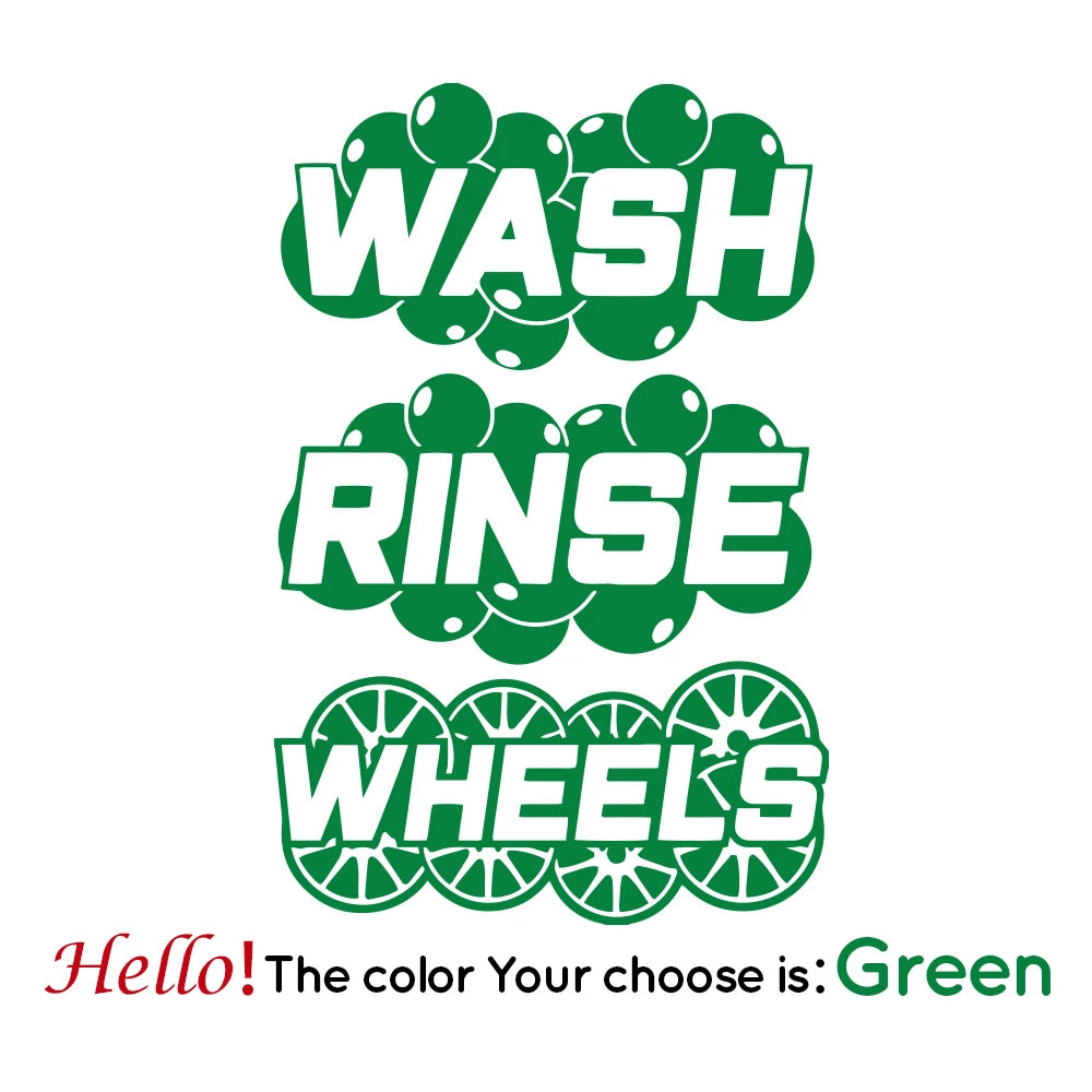 Green vinyl decal stickers for car detailing buckets with WASH, RINSE, and WHEEL'S text.