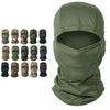 A collection of various camouflage colored tactical balaclavas and a full face mask in olive green.