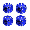 A set of four blue hex aluminum alloy tire valve caps shown from above.