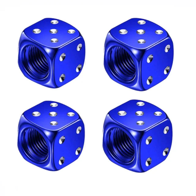 A set of four blue hex aluminum alloy tire valve caps shown from above.