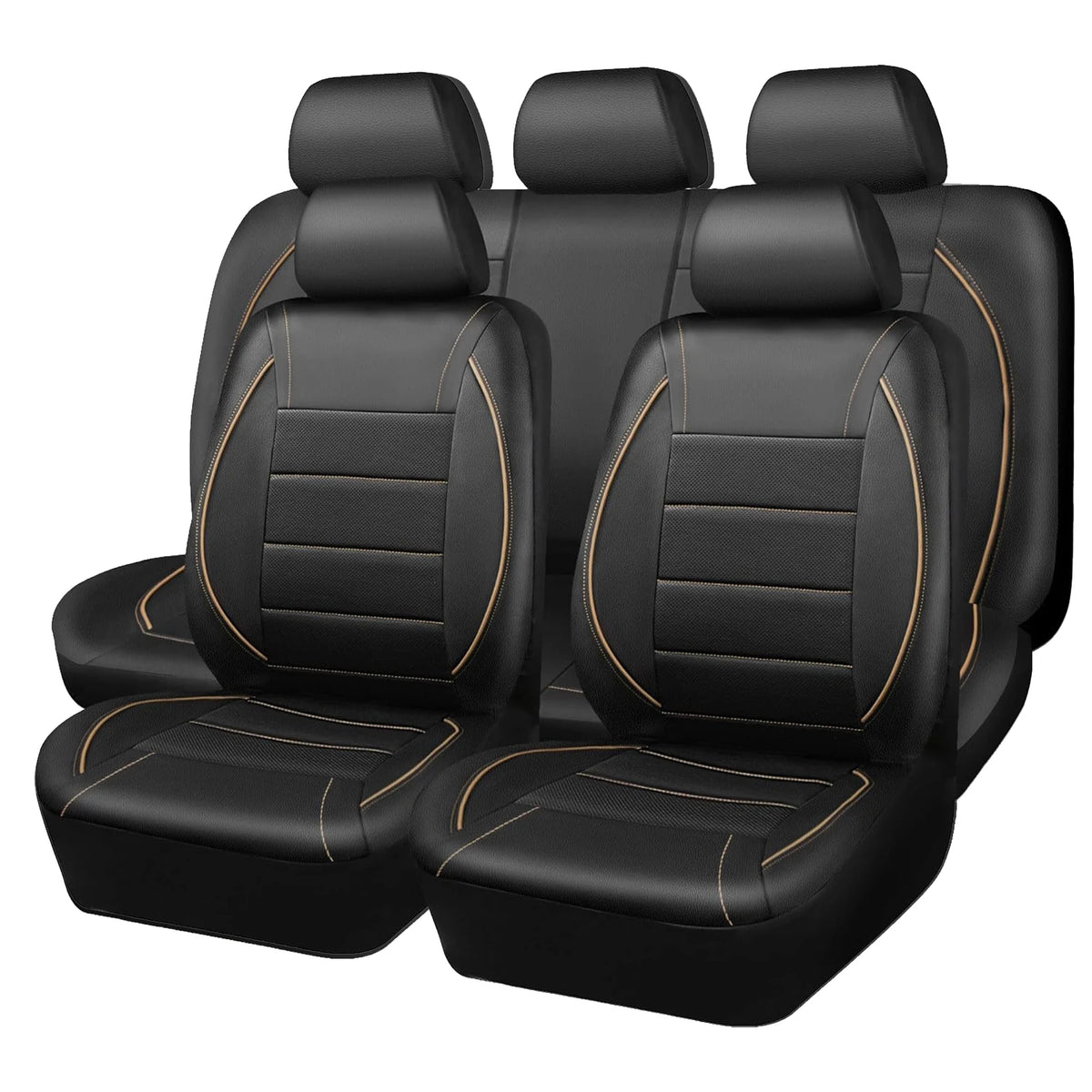 Three black leather car seat covers shown side by side.