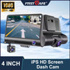 A black IPS HD screen dash cam with a 4 inch display and triple lenses is shown mounted on a vehicle.