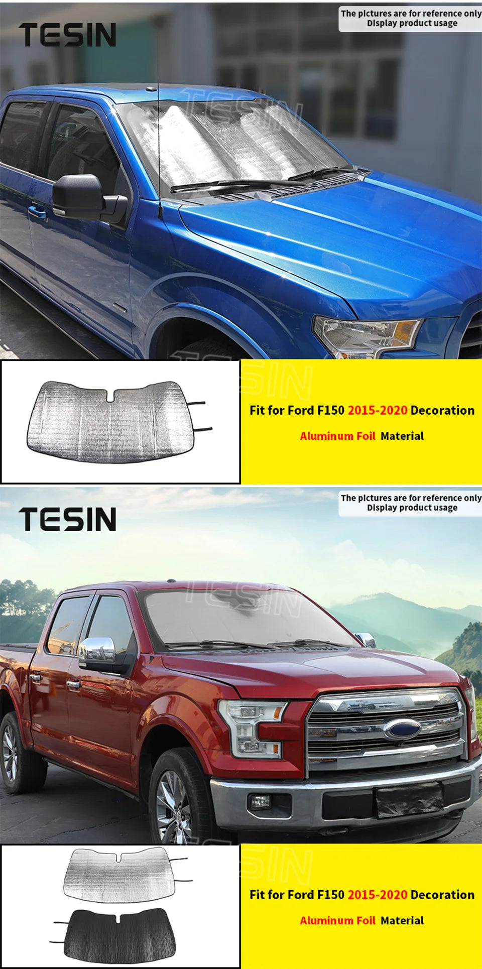 Aluminum foil windshield sunshade for a Ford F150 truck.
