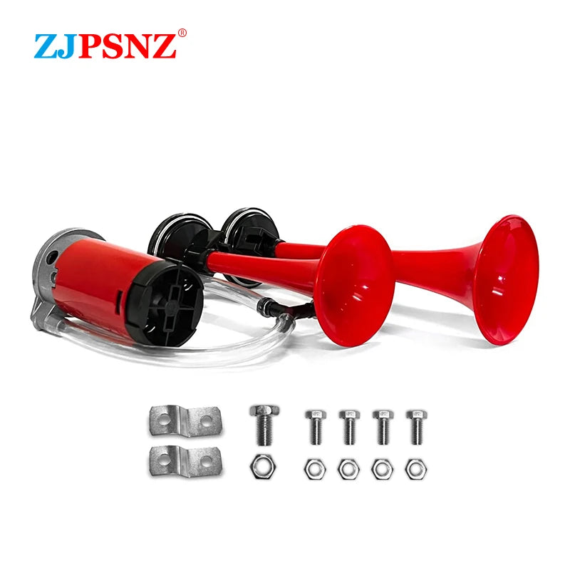Red dual tone air horn kit with compressor and various mounting hardware for vehicles
