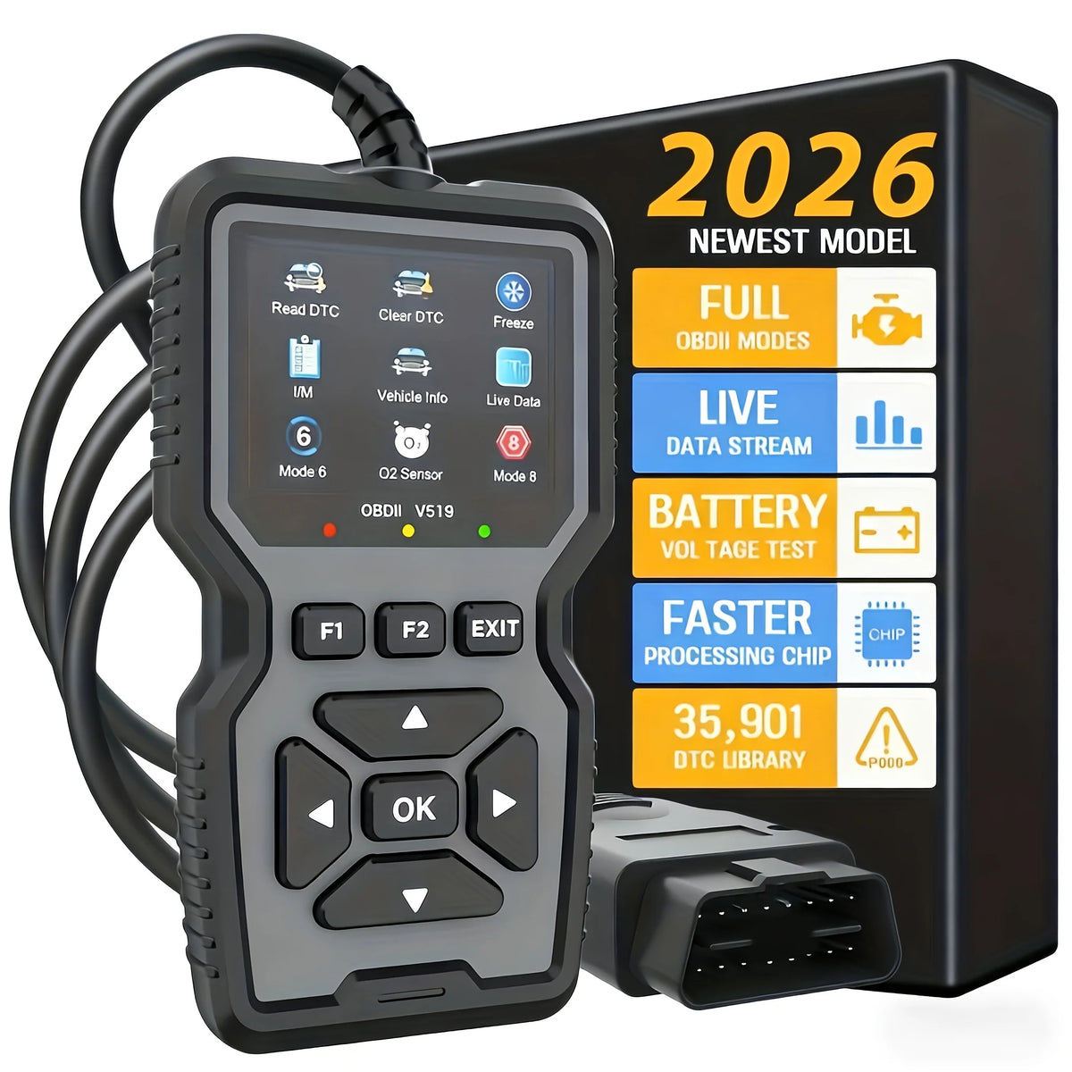 A professional OBD2 diagnostic scanner device with a cable and a black box, showing various diagnostic modes.