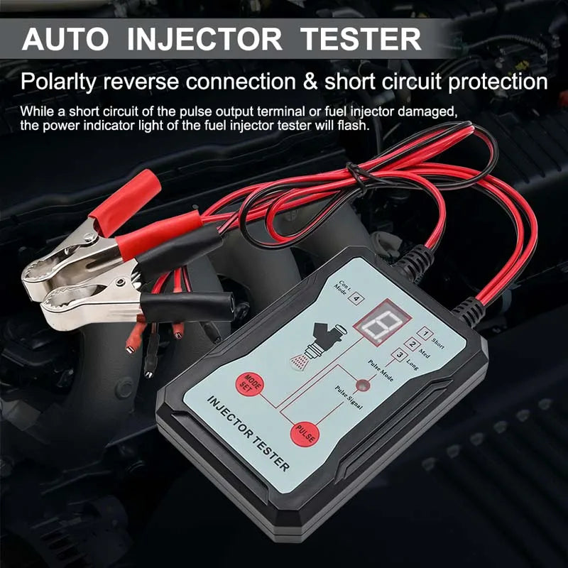 A digital auto injector tester device with a probe and wires is shown next to a fuel injector component.