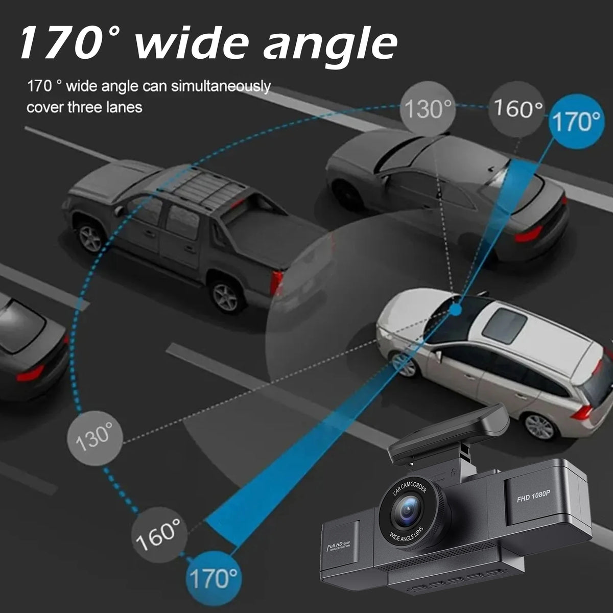 Caméra de voiture 3 canaux couvrant trois voies avec un angle de 170 degrés.