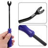 A multi-functional plastic car trim removal tool kit showing a black tool and a purple plastic tool head.