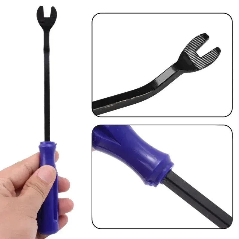 A multi-functional plastic car trim removal tool kit showing a black tool and a purple plastic tool head.