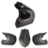 A black kids and motorcycle off-road safety helmet shown from a top view and side angles.