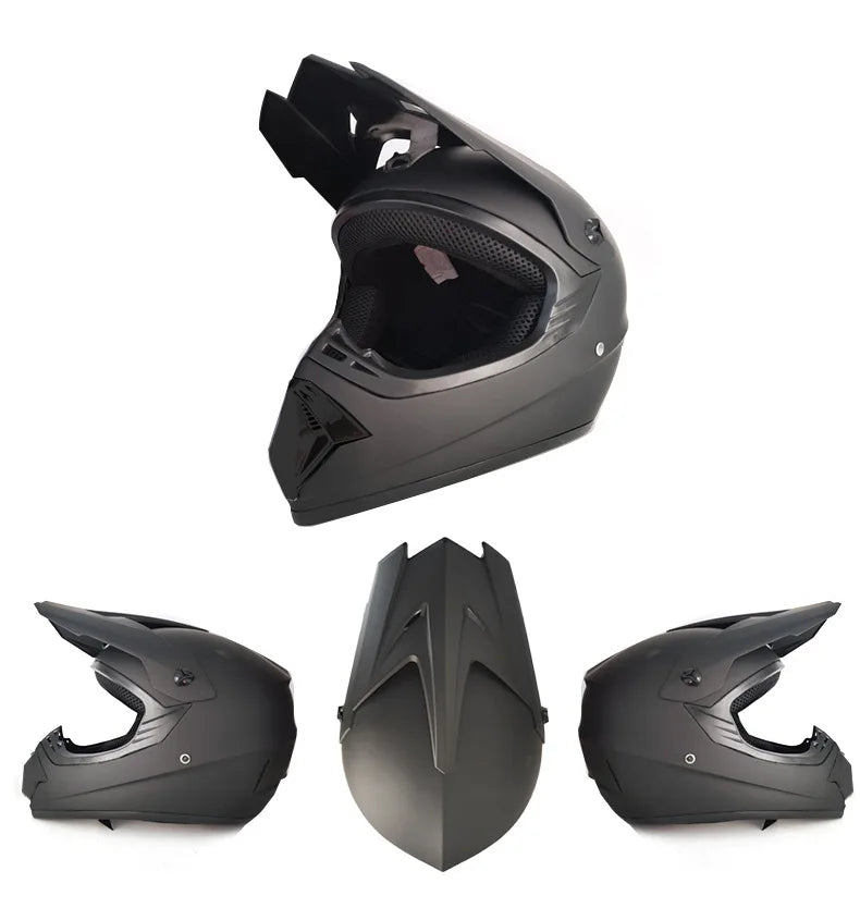 A black kids and motorcycle off-road safety helmet shown from a top view and side angles.