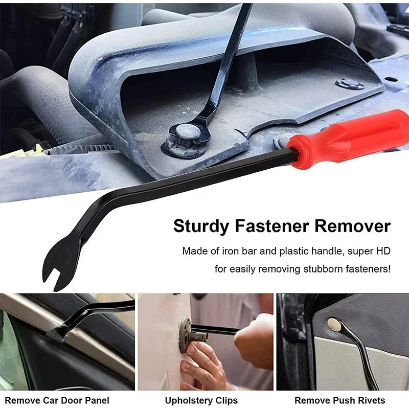 A sturdy fastener remover tool made of iron bar and plastic handle used for removing stubborn fasteners.