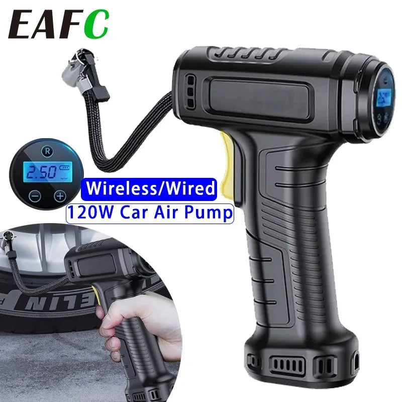 A black portable digital tire air pump is shown with a hose and a hand, used for inflating car tires.