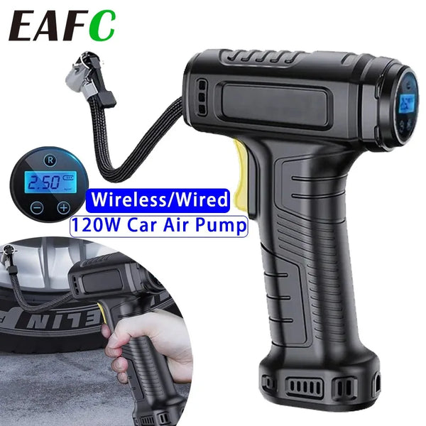 Pompe à air portable numérique noire avec tuyau et main, utilisée pour gonfler les pneus de voiture.