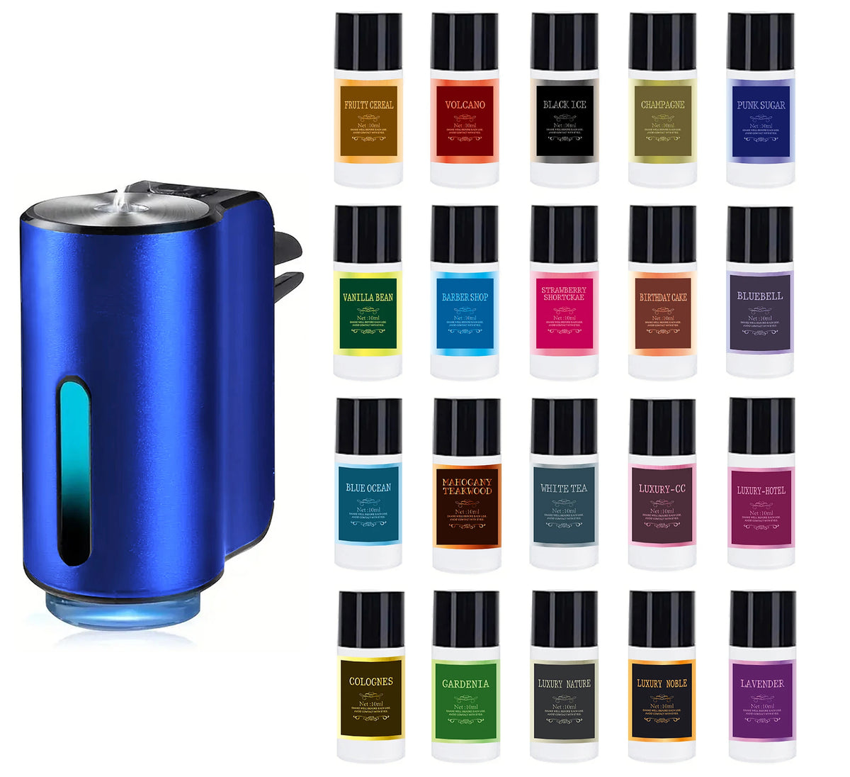 A collection of portable car air fresheners in various colors and scents displayed in glass tubes.