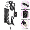 An RGB LED car ambient lighting kit shown with its components: infrared receiver, music sensor box, and smart USB part.