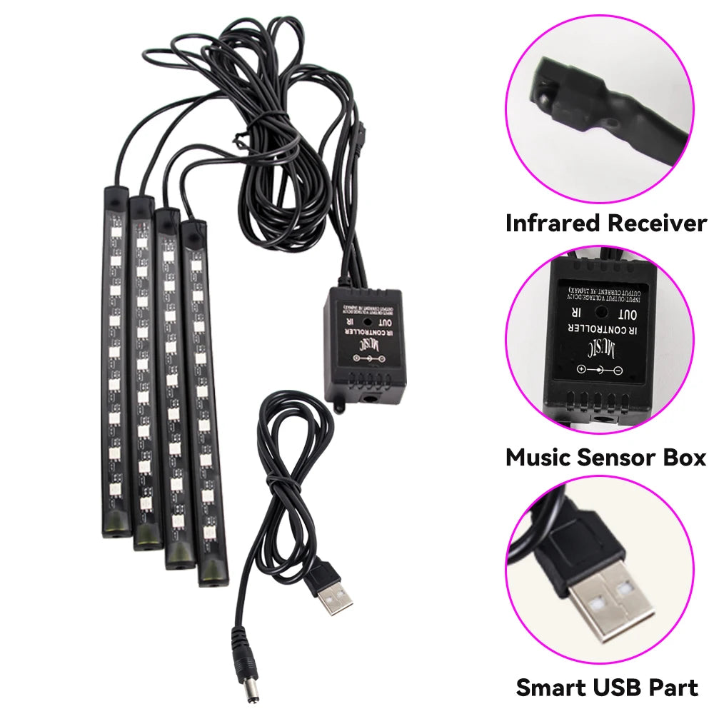 An RGB LED car ambient lighting kit shown with its components: infrared receiver, music sensor box, and smart USB part.