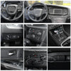 Various close-up shots of carbon fiber interior decoration kits for a Dodge Charger car dashboard and steering wheel.