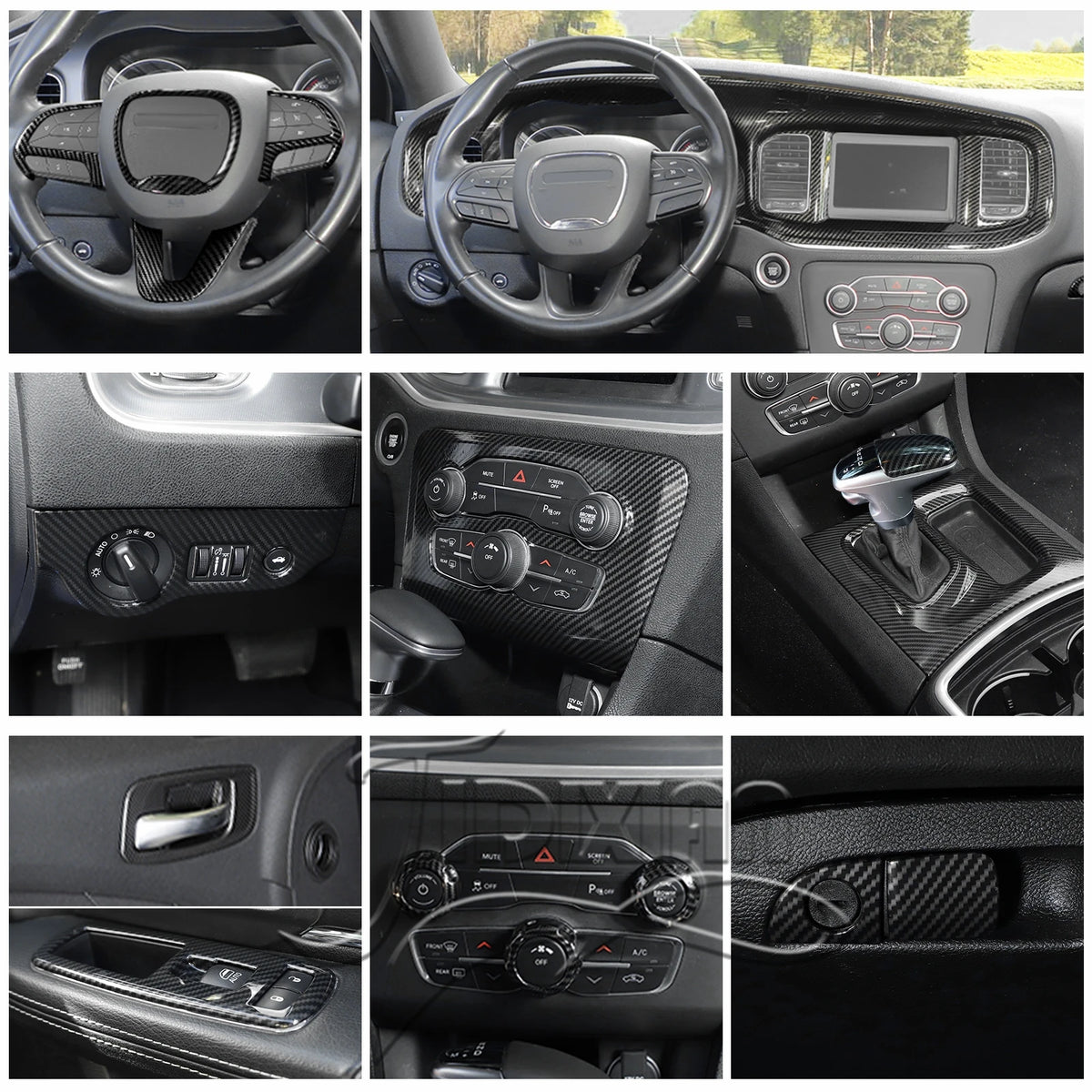 Various close-up shots of carbon fiber interior decoration kits for a Dodge Charger car dashboard and steering wheel.