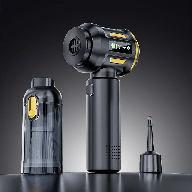 A black cordless handheld car vacuum cleaner with a yellow accent is shown alongside its detachable nozzle.