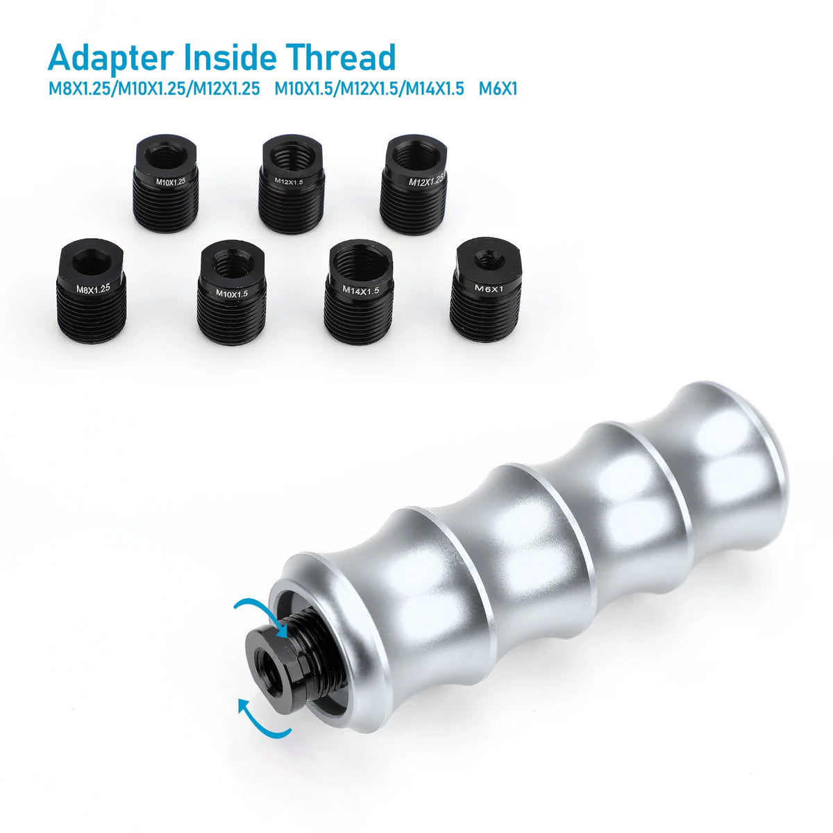A set of various inside thread adapters for M6x1 shift knobs and a silver aluminum shift knob.