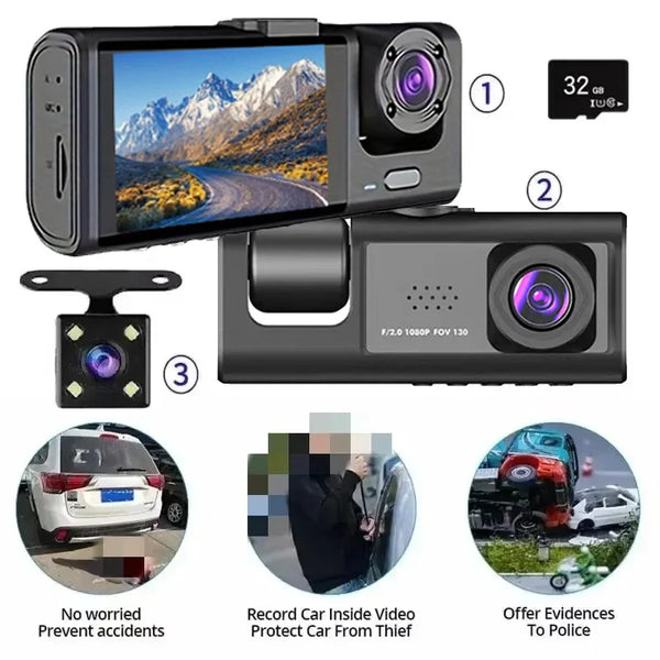 A 3-in-1 car dash cam system showing three components: a main unit, a separate camera module, and an accessory for recording 